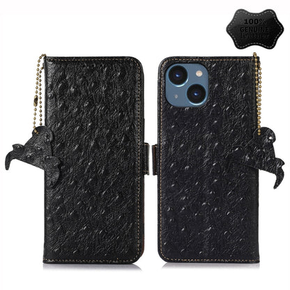 For iPhone 14 Ostrich Pattern Genuine Leather RFID Phone Case(Black) - iPhone 14 Cases by buy2fix | Online Shopping UK | buy2fix
