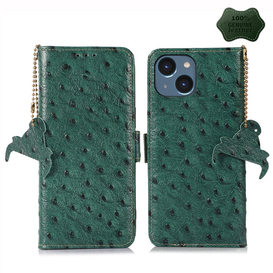 For iPhone 14 Ostrich Pattern Genuine Leather RFID Phone Case(Green) - iPhone 14 Cases by buy2fix | Online Shopping UK | buy2fix