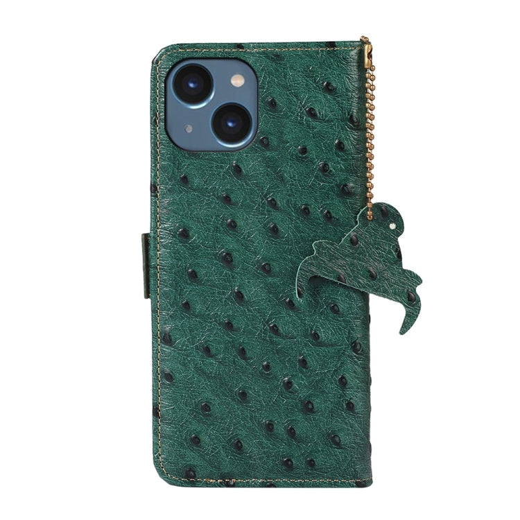For iPhone 14 Ostrich Pattern Genuine Leather RFID Phone Case(Green) - iPhone 14 Cases by buy2fix | Online Shopping UK | buy2fix
