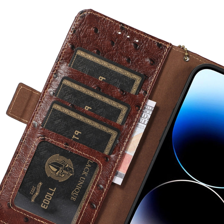 For iPhone 15 Pro Max Ostrich Pattern Genuine Leather RFID Phone Case(Coffee) - iPhone 15 Pro Max Cases by buy2fix | Online Shopping UK | buy2fix