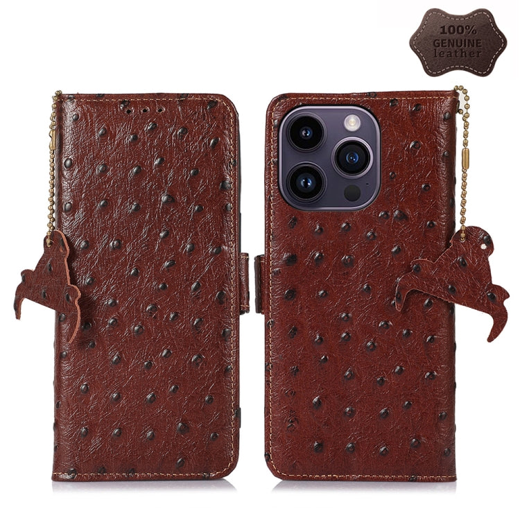 For iPhone 15 Pro Ostrich Pattern Genuine Leather RFID Phone Case(Coffee) - iPhone 15 Pro Cases by buy2fix | Online Shopping UK | buy2fix