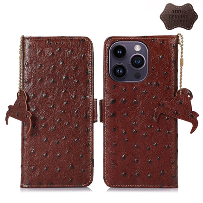 For iPhone 15 Pro Ostrich Pattern Genuine Leather RFID Phone Case(Coffee) - iPhone 15 Pro Cases by buy2fix | Online Shopping UK | buy2fix