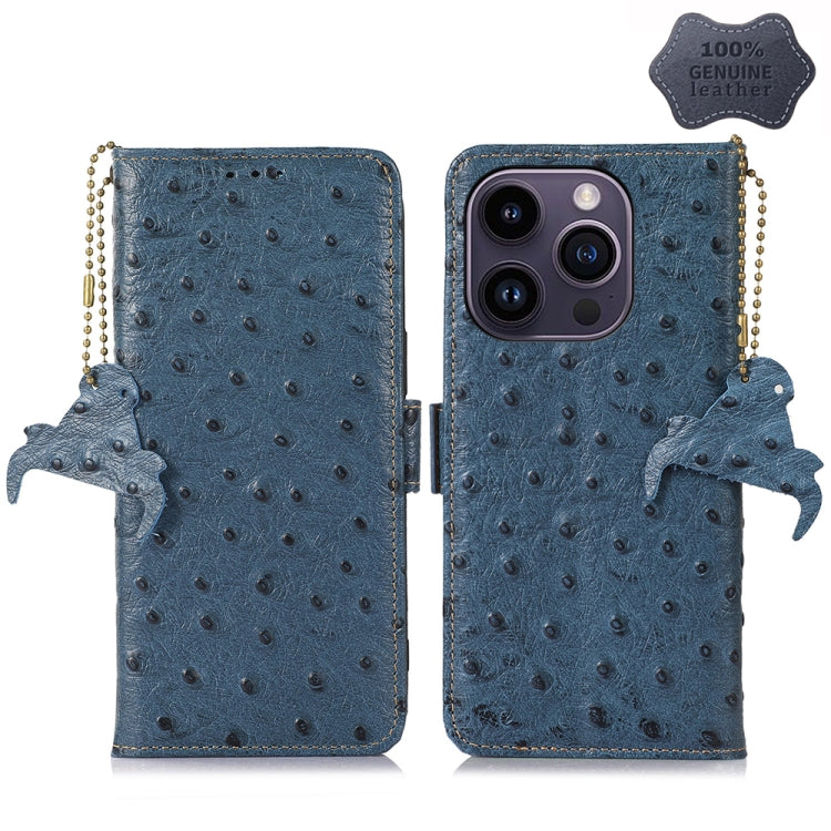 For iPhone 15 Pro Ostrich Pattern Genuine Leather RFID Phone Case(Blue) - iPhone 15 Pro Cases by buy2fix | Online Shopping UK | buy2fix
