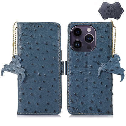 For iPhone 15 Pro Ostrich Pattern Genuine Leather RFID Phone Case(Blue) - iPhone 15 Pro Cases by buy2fix | Online Shopping UK | buy2fix