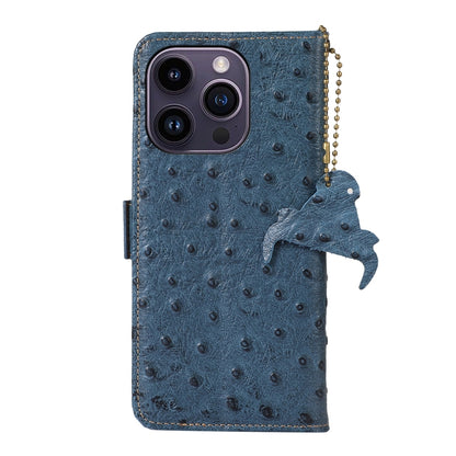 For iPhone 15 Pro Ostrich Pattern Genuine Leather RFID Phone Case(Blue) - iPhone 15 Pro Cases by buy2fix | Online Shopping UK | buy2fix