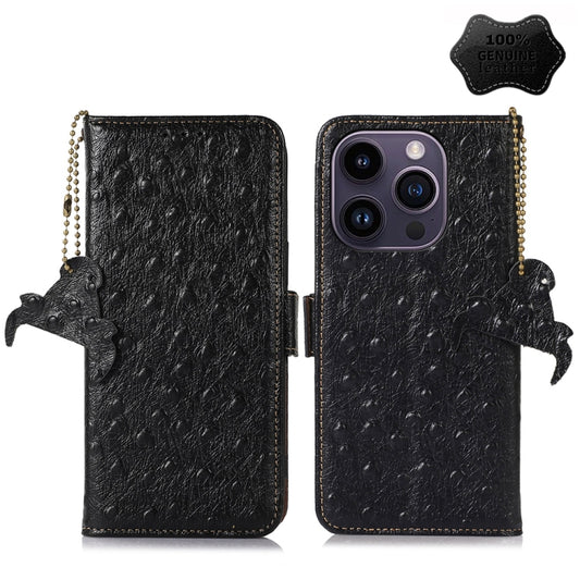 For iPhone 15 Pro Ostrich Pattern Genuine Leather RFID Phone Case(Black) - iPhone 15 Pro Cases by buy2fix | Online Shopping UK | buy2fix