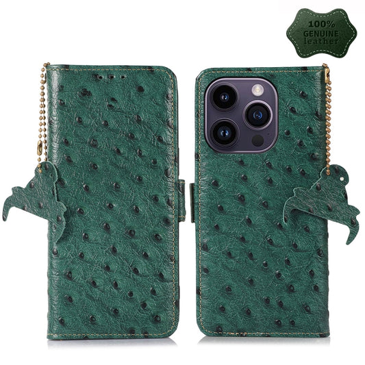 For iPhone 15 Pro Ostrich Pattern Genuine Leather RFID Phone Case(Green) - iPhone 15 Pro Cases by buy2fix | Online Shopping UK | buy2fix