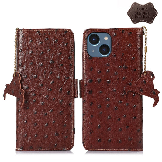 For iPhone 15 Ostrich Pattern Genuine Leather RFID Phone Case(Coffee) - iPhone 15 Cases by buy2fix | Online Shopping UK | buy2fix