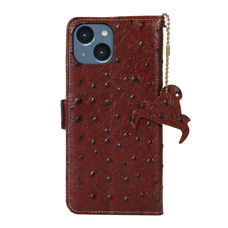 For iPhone 15 Ostrich Pattern Genuine Leather RFID Phone Case(Coffee) - iPhone 15 Cases by buy2fix | Online Shopping UK | buy2fix