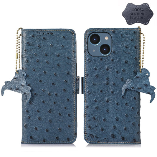 For iPhone 15 Ostrich Pattern Genuine Leather RFID Phone Case(Blue) - iPhone 15 Cases by buy2fix | Online Shopping UK | buy2fix