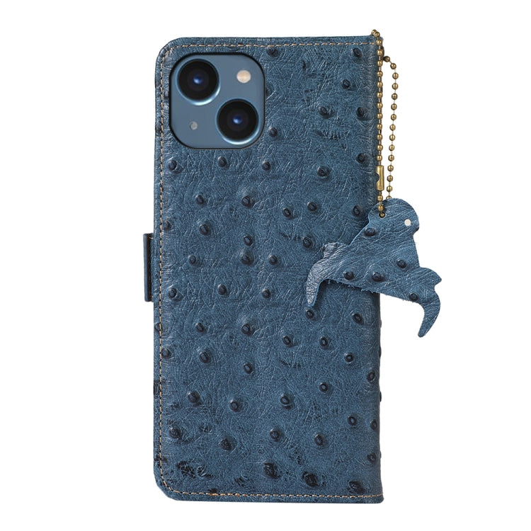 For iPhone 15 Ostrich Pattern Genuine Leather RFID Phone Case(Blue) - iPhone 15 Cases by buy2fix | Online Shopping UK | buy2fix