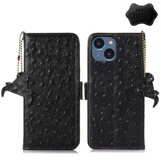 For iPhone 15 Ostrich Pattern Genuine Leather RFID Phone Case(Black) - iPhone 15 Cases by buy2fix | Online Shopping UK | buy2fix