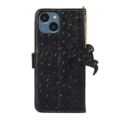 For iPhone 15 Ostrich Pattern Genuine Leather RFID Phone Case(Black) - iPhone 15 Cases by buy2fix | Online Shopping UK | buy2fix