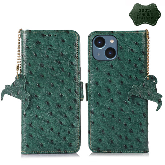 For iPhone 15 Ostrich Pattern Genuine Leather RFID Phone Case(Green) - iPhone 15 Cases by buy2fix | Online Shopping UK | buy2fix