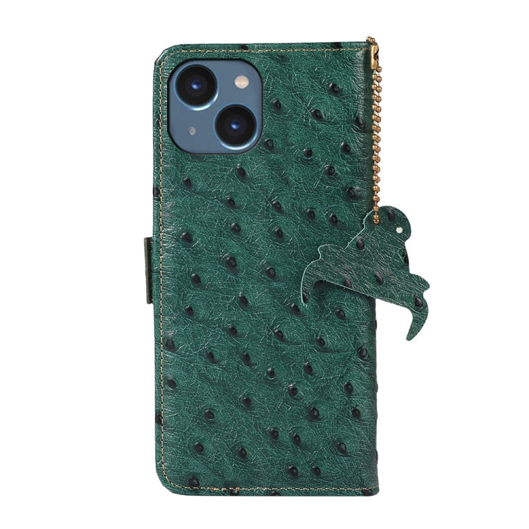 For iPhone 15 Ostrich Pattern Genuine Leather RFID Phone Case(Green) - iPhone 15 Cases by buy2fix | Online Shopping UK | buy2fix