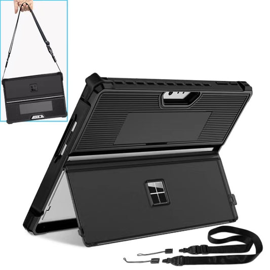 For Microsoft Surface Pro 9 Striped Hollow Tablet Case with Holder Cover and Shoulder Strap(Black) - Others by buy2fix | Online Shopping UK | buy2fix