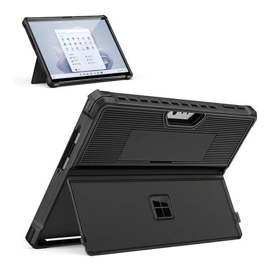 For Microsoft Surface Pro 9 Striped Hollow Tablet Case with Holder Cover and Shoulder Strap(Black) - Others by buy2fix | Online Shopping UK | buy2fix