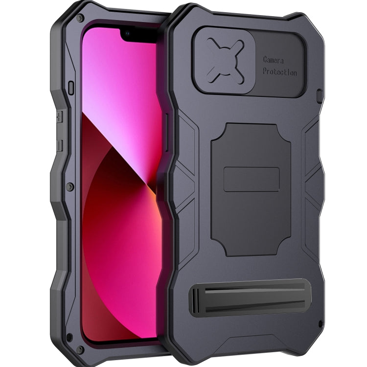 For iPhone 14 Life Waterproof Camshield Tri-poof Metal Phone Case with Holder(Black) - iPhone 14 Cases by buy2fix | Online Shopping UK | buy2fix