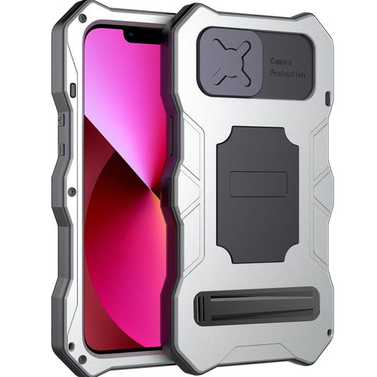 For iPhone 14 Plus Life Waterproof Camshield Tri-poof Metal Phone Case with Holder(Silver) - iPhone 14 Plus Cases by buy2fix | Online Shopping UK | buy2fix