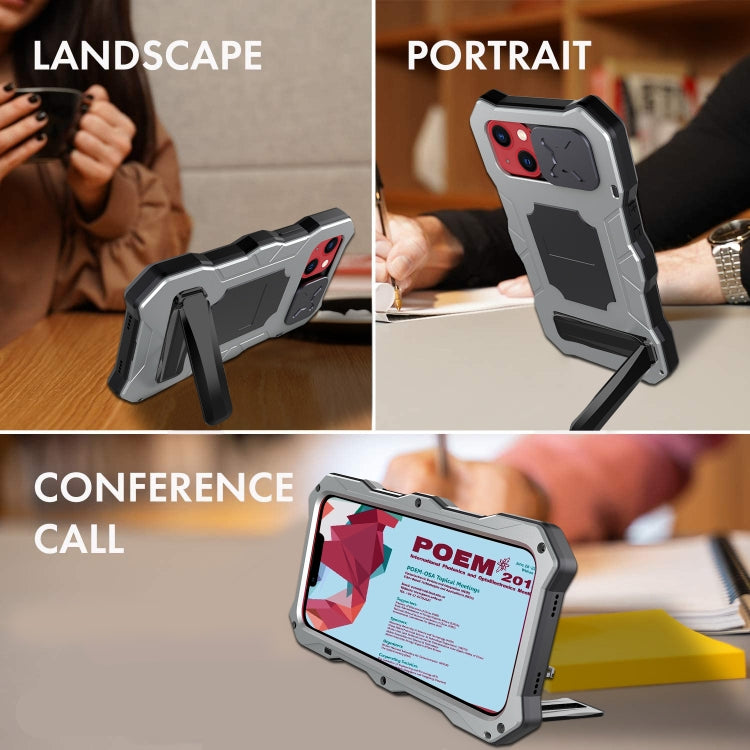 For iPhone 14 Plus Life Waterproof Camshield Tri-poof Metal Phone Case with Holder(Silver) - iPhone 14 Plus Cases by buy2fix | Online Shopping UK | buy2fix