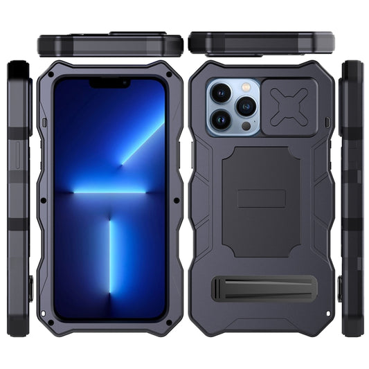 For iPhone 14 Pro Max Life Waterproof Camshield Tri-poof Metal Phone Case with Holder(Black) - iPhone 14 Pro Max Cases by buy2fix | Online Shopping UK | buy2fix