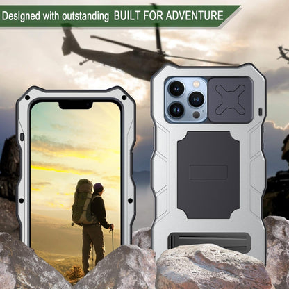 For iPhone 14 Pro Max Life Waterproof Camshield Tri-poof Metal Phone Case with Holder(Silver) - iPhone 14 Pro Max Cases by buy2fix | Online Shopping UK | buy2fix