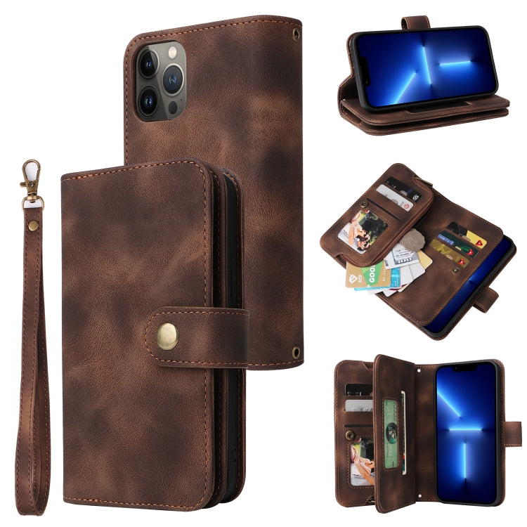 For iPhone 14 Multifunctional Card Slot Zipper Wallet Flip Leather Phone Case(Brown) - iPhone 14 Cases by buy2fix | Online Shopping UK | buy2fix