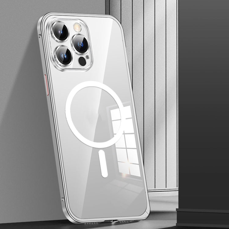 For iPhone 12 Pro Max MagSafe Spring Buckle Metal Transparent Phone Case with Lens Protection(Silver) by buy2fix