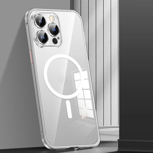 For iPhone 12 Pro Max MagSafe Spring Buckle Metal Transparent Phone Case with Lens Protection(Silver) by buy2fix