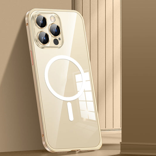 For iPhone 12 Pro Max MagSafe Spring Buckle Metal Transparent Phone Case with Lens Protection(Gold) - iPhone 12 Pro Max Cases by buy2fix | Online Shopping UK | buy2fix