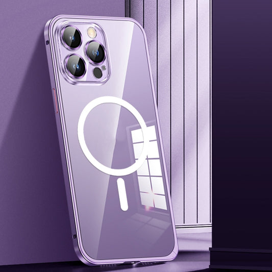 For iPhone 12 Pro Max MagSafe Spring Buckle Metal Transparent Phone Case with Lens Protection(Dark Purple) - iPhone 12 Pro Max Cases by buy2fix | Online Shopping UK | buy2fix