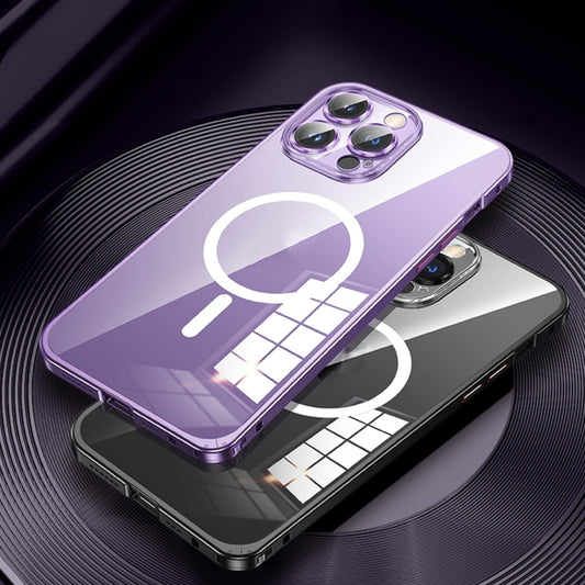 For iPhone 12 Pro Max MagSafe Spring Buckle Metal Transparent Phone Case with Lens Protection(Dark Purple) - iPhone 12 Pro Max Cases by buy2fix | Online Shopping UK | buy2fix