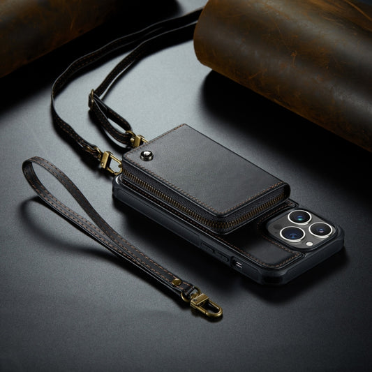 For iPhone 14 JEEHOOD C22 Series Zipper Wallet Phone Case with Long and Short Lanyard(Black) - iPhone 14 Cases by JEEHOOD | Online Shopping UK | buy2fix
