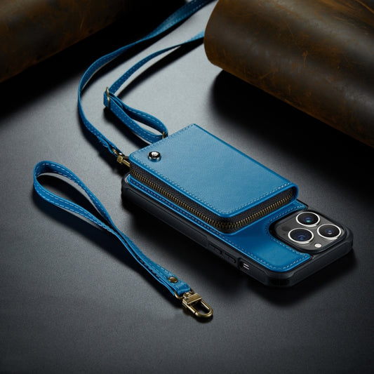 For iPhone 14 JEEHOOD C22 Series Zipper Wallet Phone Case with Long and Short Lanyard(Blue) - iPhone 14 Cases by JEEHOOD | Online Shopping UK | buy2fix