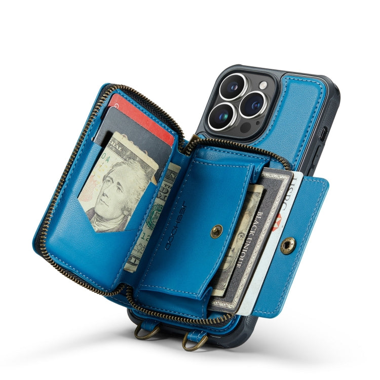 For iPhone 14 JEEHOOD C22 Series Zipper Wallet Phone Case with Long and Short Lanyard(Blue) - iPhone 14 Cases by JEEHOOD | Online Shopping UK | buy2fix