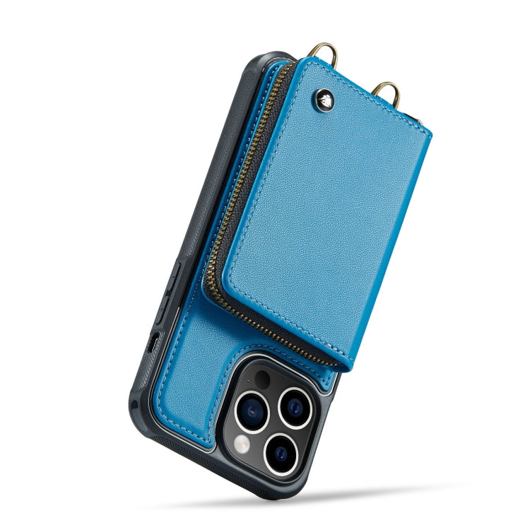 For iPhone 14 JEEHOOD C22 Series Zipper Wallet Phone Case with Long and Short Lanyard(Blue) - iPhone 14 Cases by JEEHOOD | Online Shopping UK | buy2fix