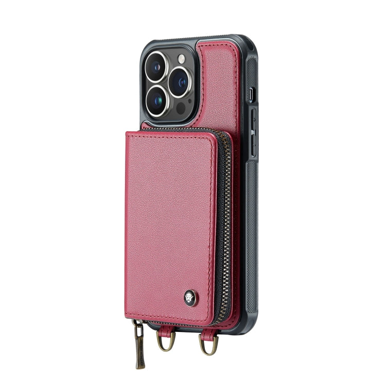 For iPhone 14 JEEHOOD C22 Series Zipper Wallet Phone Case with Long and Short Lanyard(Red) - iPhone 14 Cases by JEEHOOD | Online Shopping UK | buy2fix