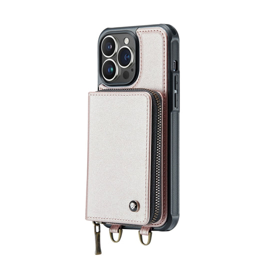 For iPhone 14 JEEHOOD C22 Series Zipper Wallet Phone Case with Long and Short Lanyard(Rose Gold) - iPhone 14 Cases by JEEHOOD | Online Shopping UK | buy2fix