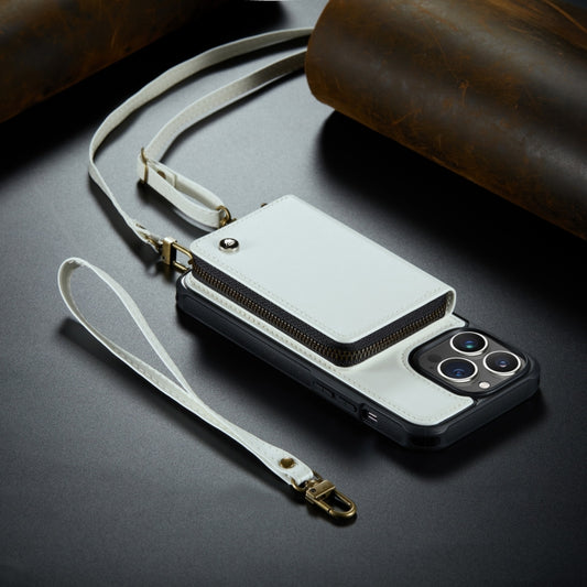 For iPhone 14 JEEHOOD C22 Series Zipper Wallet Phone Case with Long and Short Lanyard(White) - iPhone 14 Cases by JEEHOOD | Online Shopping UK | buy2fix