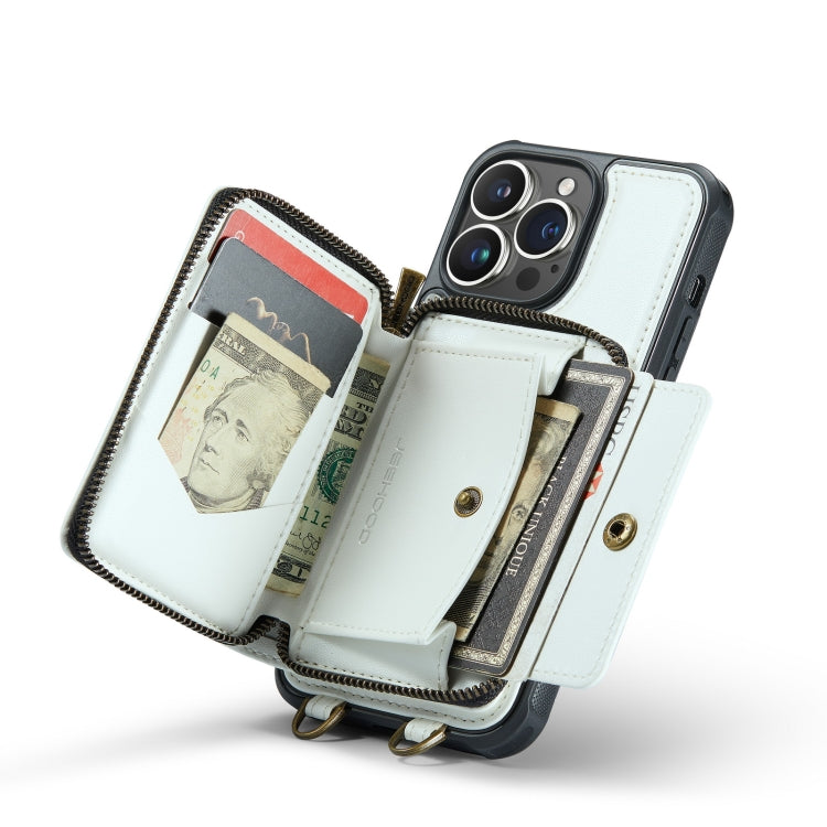 For iPhone 14 JEEHOOD C22 Series Zipper Wallet Phone Case with Long and Short Lanyard(White) - iPhone 14 Cases by JEEHOOD | Online Shopping UK | buy2fix
