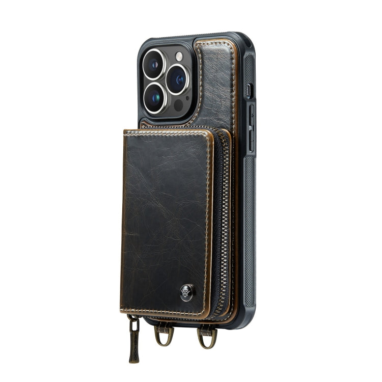 For iPhone 14 JEEHOOD C22 Series Zipper Wallet Phone Case with Long and Short Lanyard(Coffee) - iPhone 14 Cases by JEEHOOD | Online Shopping UK | buy2fix