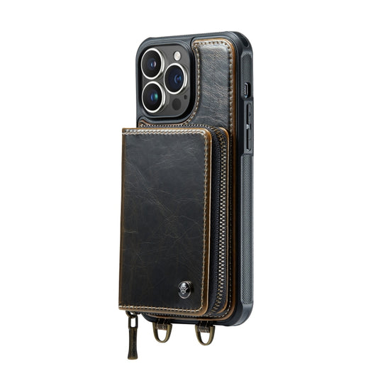 For iPhone 14 JEEHOOD C22 Series Zipper Wallet Phone Case with Long and Short Lanyard(Coffee) - iPhone 14 Cases by JEEHOOD | Online Shopping UK | buy2fix