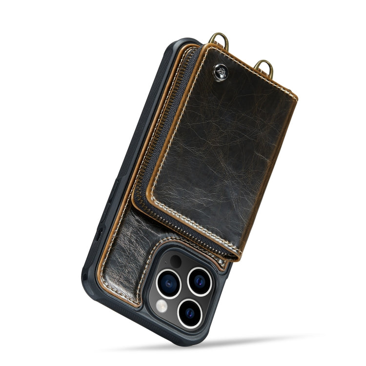 For iPhone 14 JEEHOOD C22 Series Zipper Wallet Phone Case with Long and Short Lanyard(Coffee) - iPhone 14 Cases by JEEHOOD | Online Shopping UK | buy2fix
