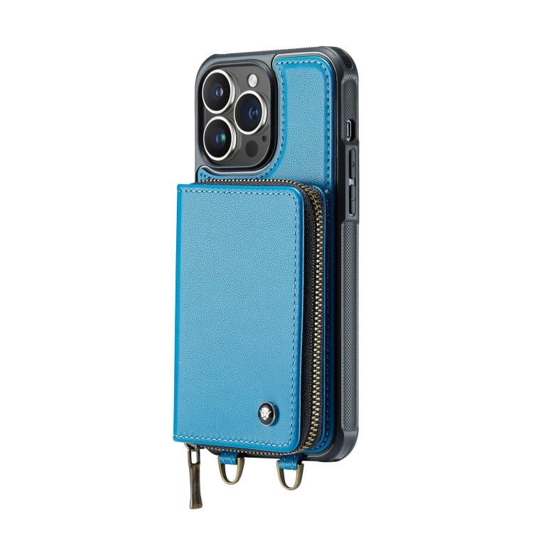 For iPhone 14 Plus JEEHOOD C22 Series Zipper Wallet Phone Case with Long and Short Lanyard(Blue) - iPhone 14 Plus Cases by JEEHOOD | Online Shopping UK | buy2fix