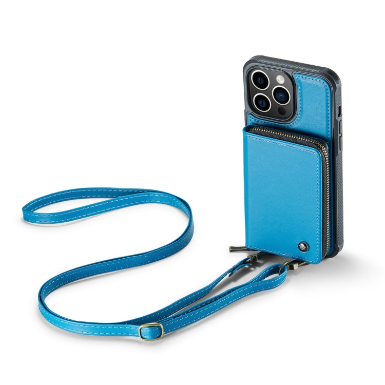For iPhone 14 Plus JEEHOOD C22 Series Zipper Wallet Phone Case with Long and Short Lanyard(Blue) - iPhone 14 Plus Cases by JEEHOOD | Online Shopping UK | buy2fix