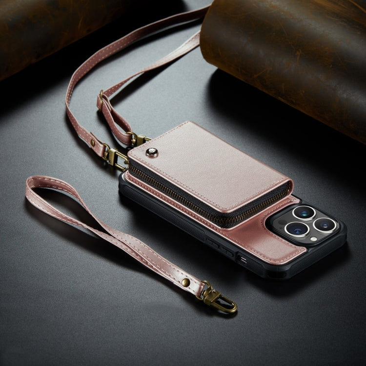 For iPhone 14 Plus JEEHOOD C22 Series Zipper Wallet Phone Case with Long and Short Lanyard(Rose Gold) - iPhone 14 Plus Cases by JEEHOOD | Online Shopping UK | buy2fix