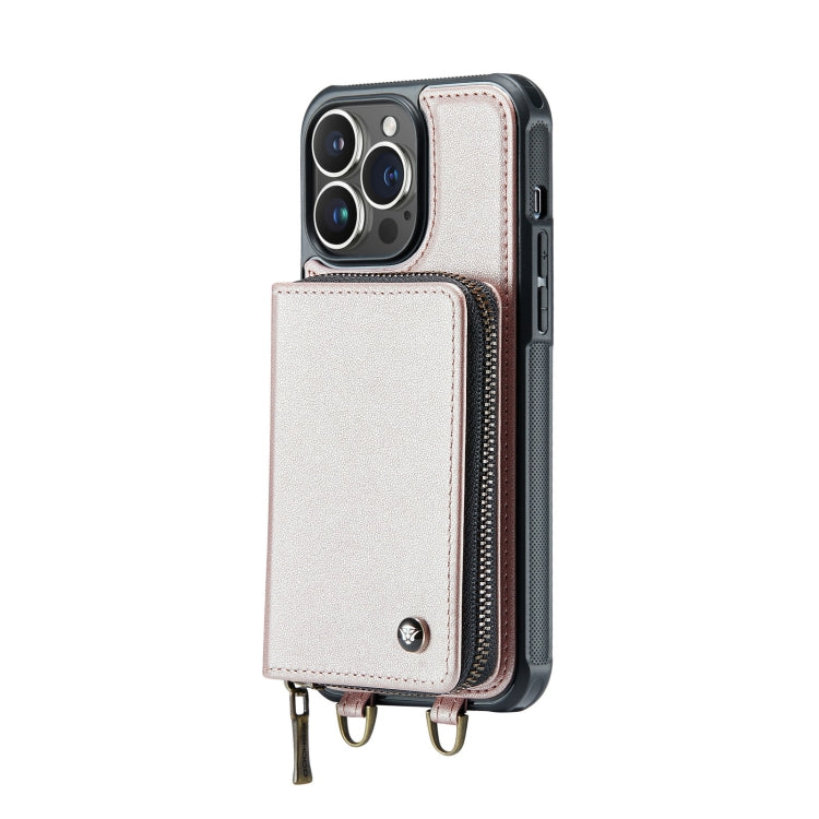For iPhone 14 Plus JEEHOOD C22 Series Zipper Wallet Phone Case with Long and Short Lanyard(Rose Gold) - iPhone 14 Plus Cases by JEEHOOD | Online Shopping UK | buy2fix