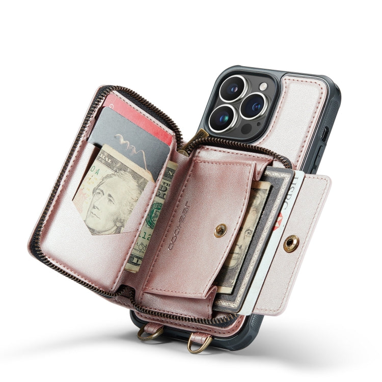 For iPhone 14 Plus JEEHOOD C22 Series Zipper Wallet Phone Case with Long and Short Lanyard(Rose Gold) - iPhone 14 Plus Cases by JEEHOOD | Online Shopping UK | buy2fix