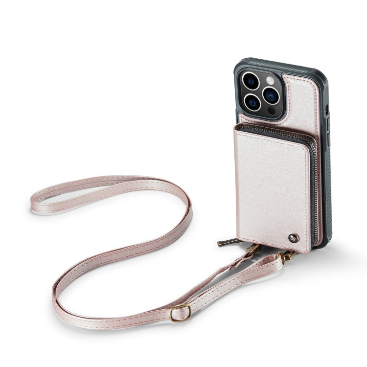 For iPhone 14 Plus JEEHOOD C22 Series Zipper Wallet Phone Case with Long and Short Lanyard(Rose Gold) - iPhone 14 Plus Cases by JEEHOOD | Online Shopping UK | buy2fix