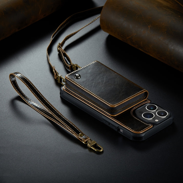 For iPhone 14 Plus JEEHOOD C22 Series Zipper Wallet Phone Case with Long and Short Lanyard(Coffee) - iPhone 14 Plus Cases by JEEHOOD | Online Shopping UK | buy2fix
